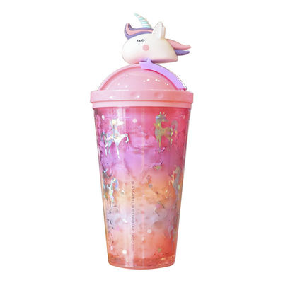 Erwachsene 430ml Süße Fliegende Einhorn Eis Plastik Wasserflasche Tasse mit Stroh und Einhorn Deckel