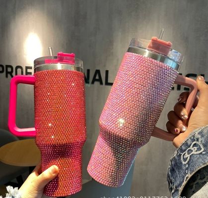 40oz mit Diamant inkrostet Edelstahl Wasserflasche Vakuumbecher mit Stroh und Griff