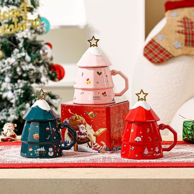 Weihnachtsbaum Design Cartoon Keramik-Tasse Geschenk-Box Set mit Deckel Löffel im amerikanischen Stil