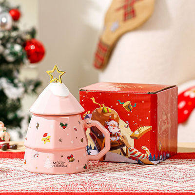 Weihnachtsbaum Design Cartoon Keramik-Tasse Geschenk-Box Set mit Deckel Löffel im amerikanischen Stil