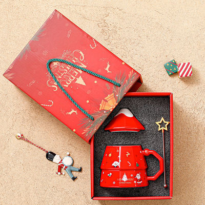 Weihnachtsbaum Design Cartoon Keramik-Tasse Geschenk-Box Set mit Deckel Löffel im amerikanischen Stil