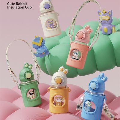680 ml Zeichentrickfilm Stroh Silicone Leder Deckel Vakuum Isolierte Wasserflasche Für Kinder Kinder