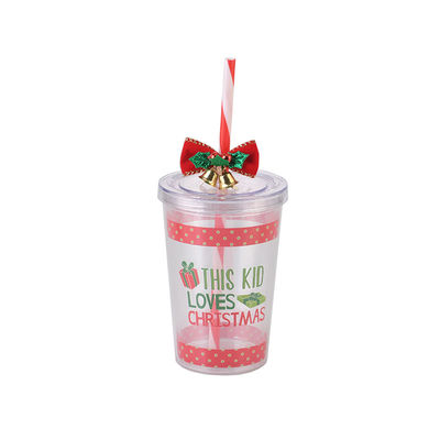 10oz Doppelschicht-Plastik BAP GRATIS Weihnachtsdesign Stroh Trinkwasserbecher mit Glocke 8,7x12,3cm