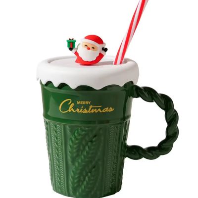 2024 Keramik Weihnachtsbecher Wasserbecher mit Deckel und Stroh für Büro Zuhause Trinkbecher Kindergeschenk Design