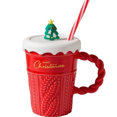 2024 Keramik Weihnachtsbecher Wasserbecher mit Deckel und Stroh für Büro Zuhause Trinkbecher Kindergeschenk Design
