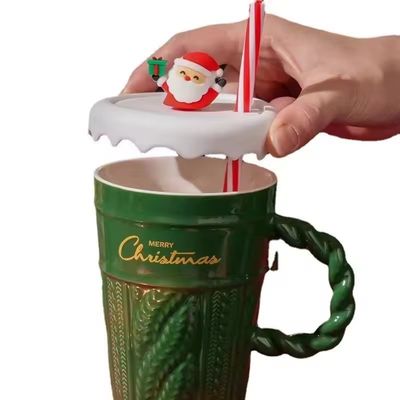 2024 Keramik Weihnachtsbecher Wasserbecher mit Deckel und Stroh für Büro Zuhause Trinkbecher Kindergeschenk Design