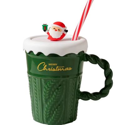 400 ml Kapazität Weihnachtsbaum Keramikbecher mit Deckel und Stroh aus nachhaltigem Material