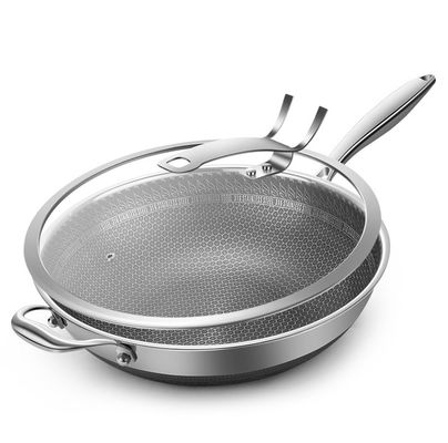 316 Edelstahl Doppelschicht Wok Haushaltsglas-Frittierpfanne mit Glasdeckel