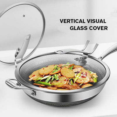 316 Edelstahl Doppelschicht Wok Haushaltsglas-Frittierpfanne mit Glasdeckel