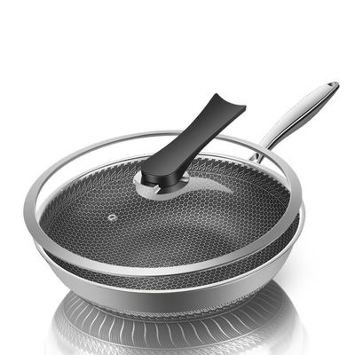 Nichtklebende Edelstahl-Honeyblock-Wok mit individuell gedrucktem Logo und durchsichtigem Deckel