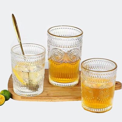 Custom Pattern 300ml 380ml Retro-Glasbecher mit Gold-Rand und Sonnenblumen-Design
