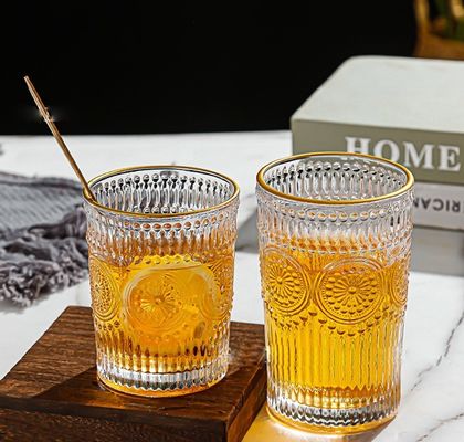 Custom Pattern 300ml 380ml Retro-Glasbecher mit Gold-Rand und Sonnenblumen-Design