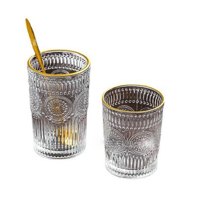 Custom Pattern 300ml 380ml Retro-Glasbecher mit Gold-Rand und Sonnenblumen-Design