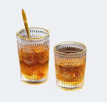 Custom Pattern 300ml 380ml Retro-Glasbecher mit Gold-Rand und Sonnenblumen-Design