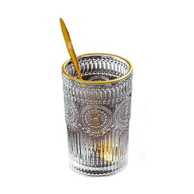 Custom Pattern 300ml 380ml Retro-Glasbecher mit Gold-Rand und Sonnenblumen-Design
