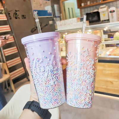 Kreative Eiscreme Doppelwand 550ml Plastikbecher mit Stroh Farbe für Unisex