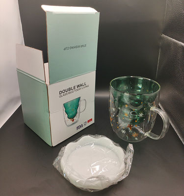 300 ml Weihnachtsgeschenk Doppelwandglasbecher mit Deckel und hochtemperaturbeständig
