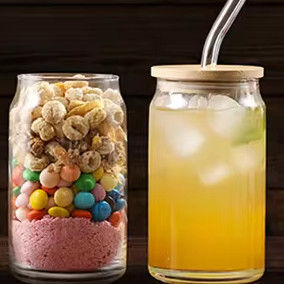 16oz klare Glas Teetasse Kaffeeflasche mit Holzdeckel und Stroh