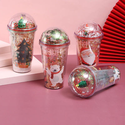 1 Stück 500ml Custom Logo Flash Doppelwand-Tasse undicht Wiederverwendbare Weihnachtsflasche aus Kunststoff mit Deckel und Stroh
