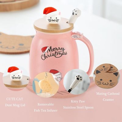 Materialien aus Keramik 380 ml niedliche Keramik Kaffeetasse mit 3D-Katzen-Design und Bambusdeckel