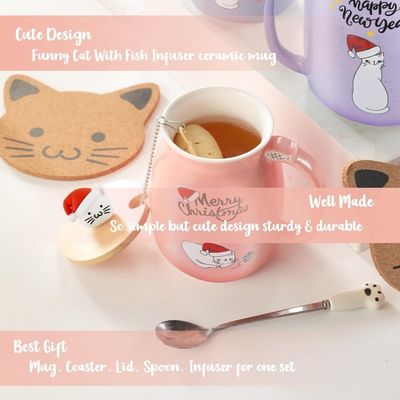 Materialien aus Keramik 380 ml niedliche Keramik Kaffeetasse mit 3D-Katzen-Design und Bambusdeckel