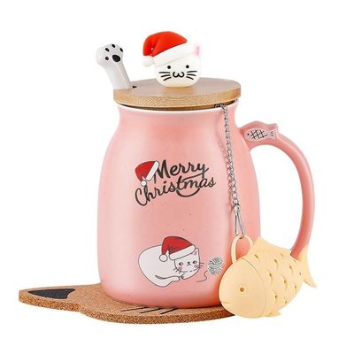 Maßgeschneiderte 380ml süße rosa Weihnachtsbecher Katze Keramik Kaffeebecher mit Edelstahl Löffel