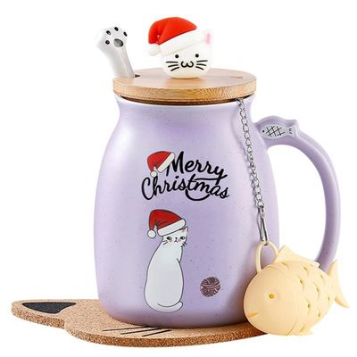380 ml süße lila Keramik Kaffeetasse Porzellan Weihnachtsbecher Tee Milchbecher mit schönen Kitty Deckel
