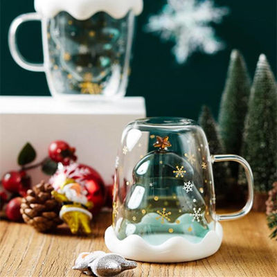 Weihnachtsfeiertage Doppelwand-Hochborosilikat-Glas-Wasserbecher mit Griff und Deckel