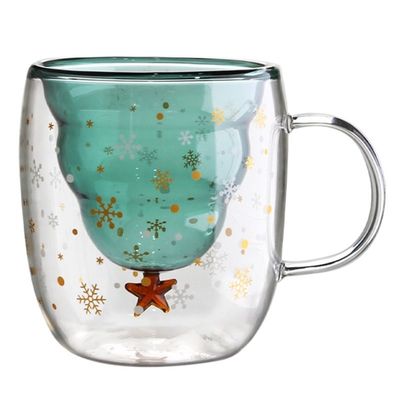 Custom Weihnachtsgeschenk 200ml Doppelwand Glas Kaffeetasse mit Weihnachtsbaum Design