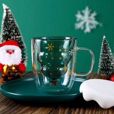 Custom Weihnachtsgeschenk 200ml Doppelwand Glas Kaffeetasse mit Weihnachtsbaum Design