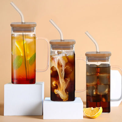 Quadratische Glasbecher mit Deckel Verkauf Eis Kaffee Tee Becher Trinkgläser