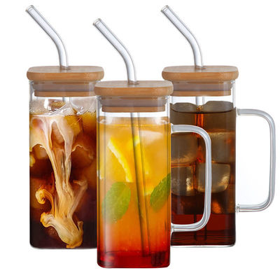 Quadratische Glasbecher mit Deckel Verkauf Eis Kaffee Tee Becher Trinkgläser