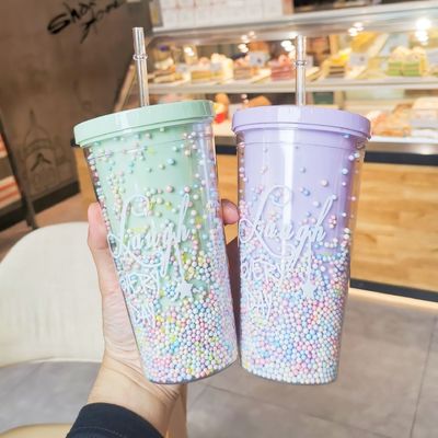 550 ml klare PC-Kunststoff-Tasse BPA-frei Doppelwand-Wiederverwendbare Milchshake-Tasse mit Stroh
