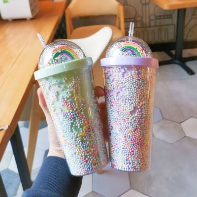 550 ml klare PC-Kunststoff-Tasse BPA-frei Doppelwand-Wiederverwendbare Milchshake-Tasse mit Stroh