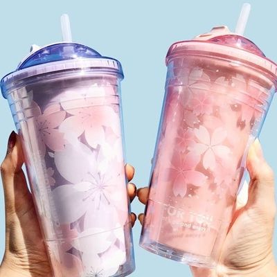 Wärmedämmung Kirschblüten Wasserflasche 480ml Customized Logo Plastik Tumbler Cup