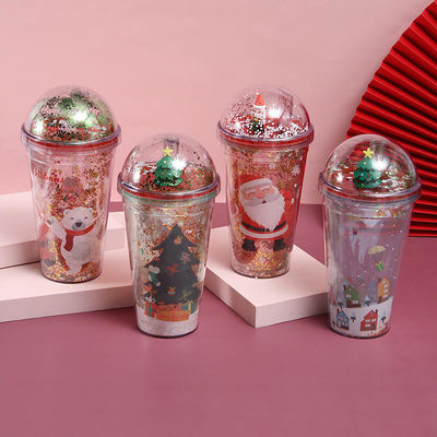 Kunststoff Weihnachtsbecher 500 ml Glitter Doppelwand Trinkbehälter mit Deckel und Strohhalmen