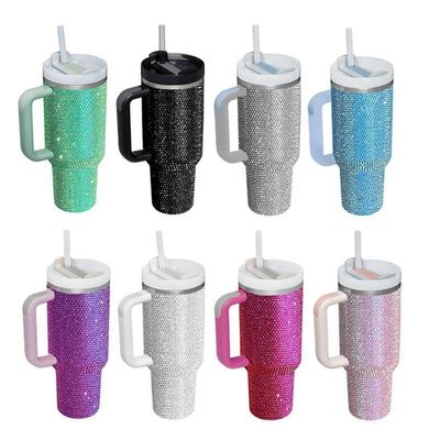 40oz mit Diamant inkrostet Edelstahl Vakuum-Wasserflasche mit Stroh und Handgriff leicht