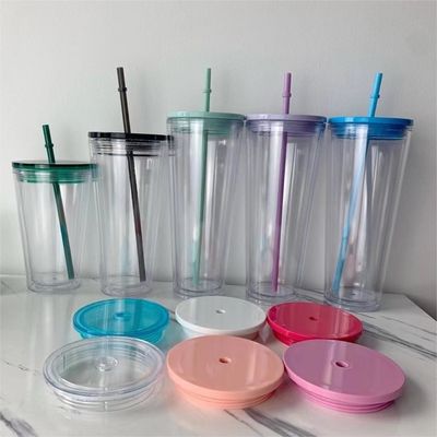1 Stück Custom DIY 16oz 24oz Doppelwand Plastik Acryl klarer Becher mit Stroh und Deckel