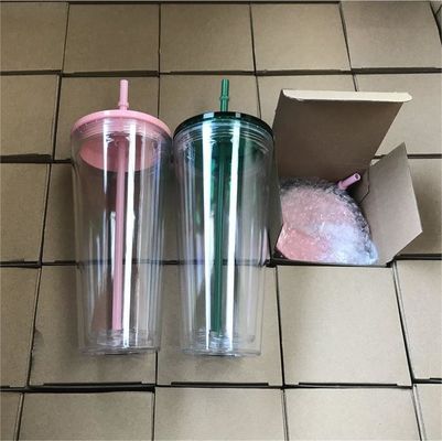 1 Stück Custom DIY 16oz 24oz Doppelwand Plastik Acryl klarer Becher mit Stroh und Deckel