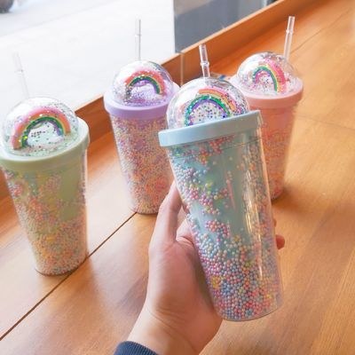 Direktes Trinken Doppelwandkuppel Acryl Milch Tee Tasse mit Sequins Farbe angepasst