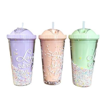 Direktes Trinken Doppelwandkuppel Acryl Milch Tee Tasse mit Sequins Farbe angepasst