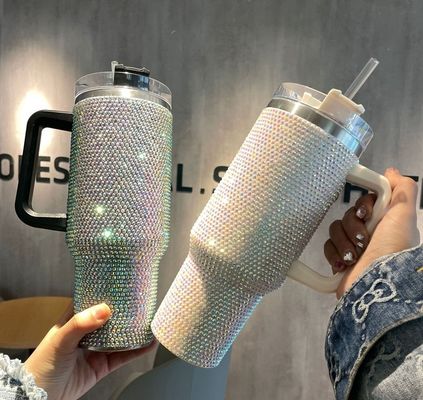 40oz mit Diamant inkrostet Edelstahl Wasserflasche Vakuumbecher mit Stroh und Griff