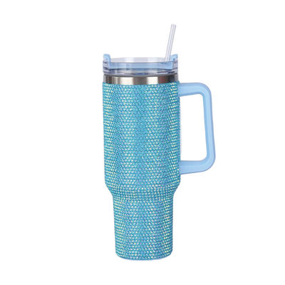 40oz mit Diamant inkrostet Edelstahl Wasserflasche Vakuumbecher mit Stroh und Griff