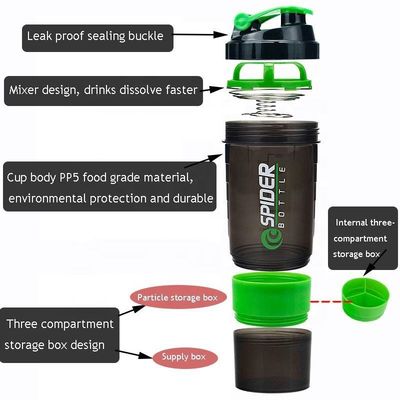 Custom Logo 2 Schichten Gym Protein Shaker Flasche mit Pille Organisator und Lagerung 16oz