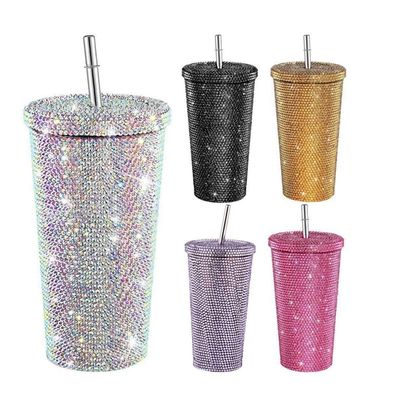 500 ml Doppelwand Isolierter Diamant-Rhinestones Tumbler mit Zubehör mit Stroh